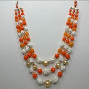 VTG MCM Orange Beaded Three Strand Choker Signed W Germany Hook 16 in 18 in